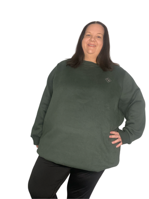 Fleece Oversized Round Neck Jumper - Forest Green