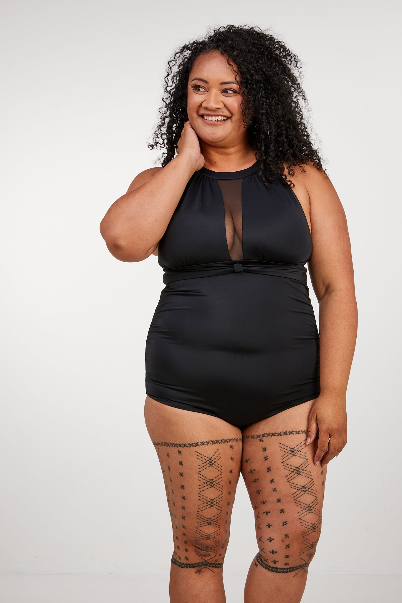 One Piece Mesh Front Swimsuit - Black